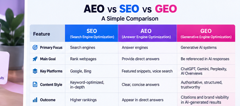 Comparison of SEO, AEO and GEO strategies for search visibility in 2026