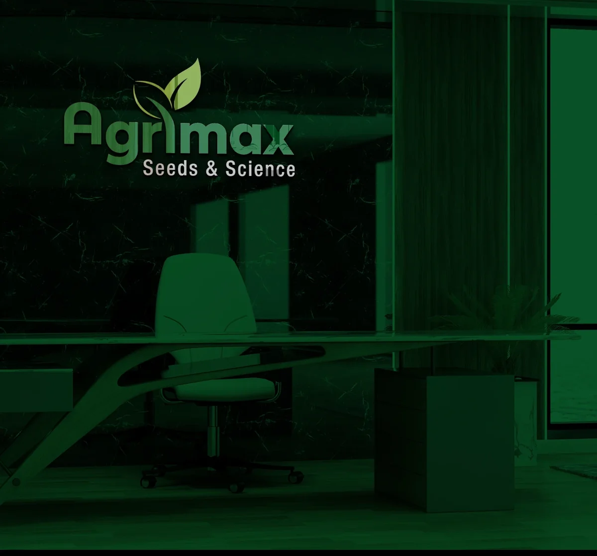 Agrimax Seeds & Science logo as 3D lettering on a green marble office wall above a desk and chair