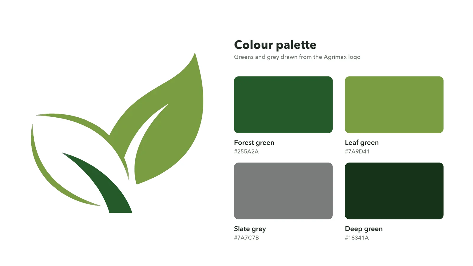 Agrimax seedling leaf mark with its colour palette of forest green, leaf green, slate grey and deep green