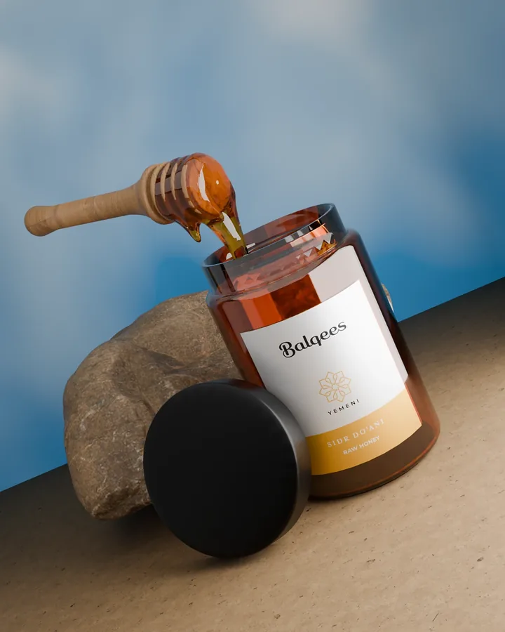 3D render of a Balqees honey jar with a dripping wooden honey dipper and black lid