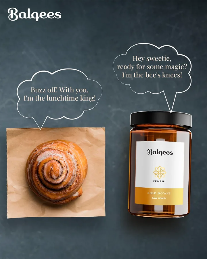 Humorous Balqees honey post: talking honey jar and cinnamon roll speech bubbles on a chalkboard