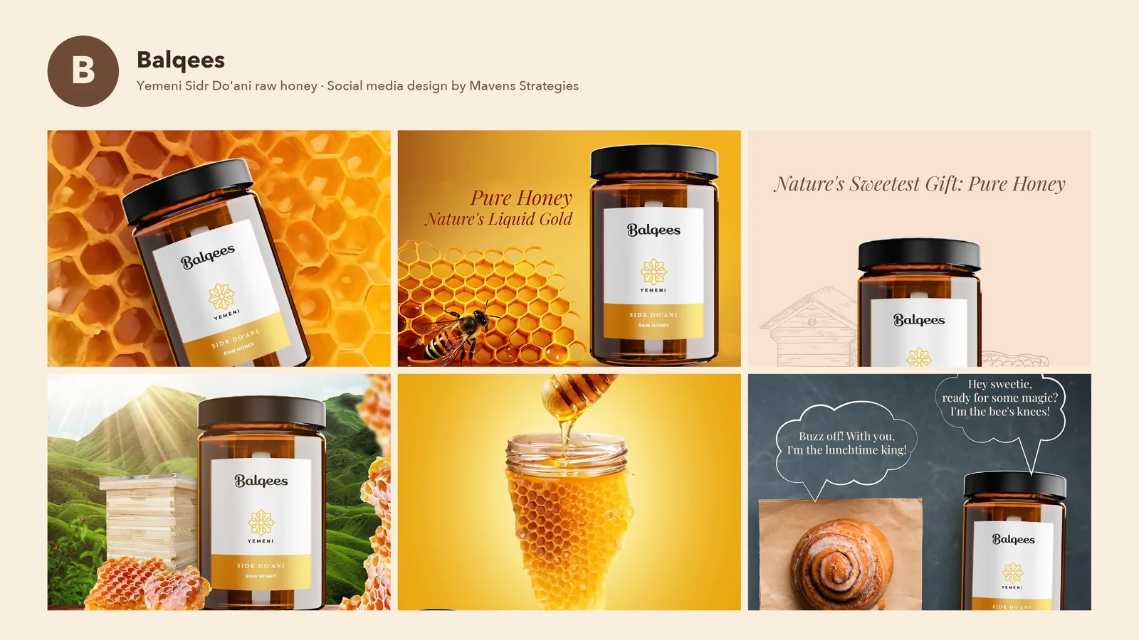 Balqees honey Instagram feed grid showing six coordinated social media post designs