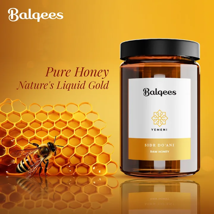 Balqees honey post: Pure Honey, Nature's Liquid Gold, with honey jar, honeycomb and bee