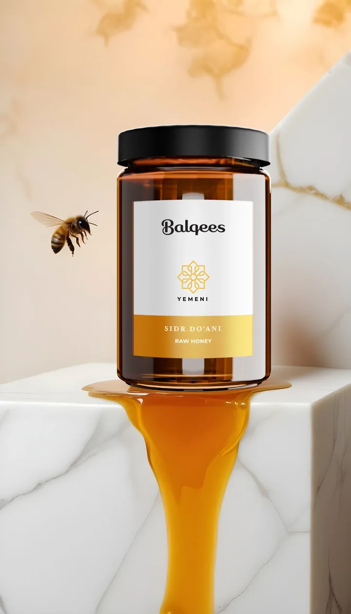 Balqees honey jar on white marble with honey pouring over the edge and a flying bee, Instagram story design