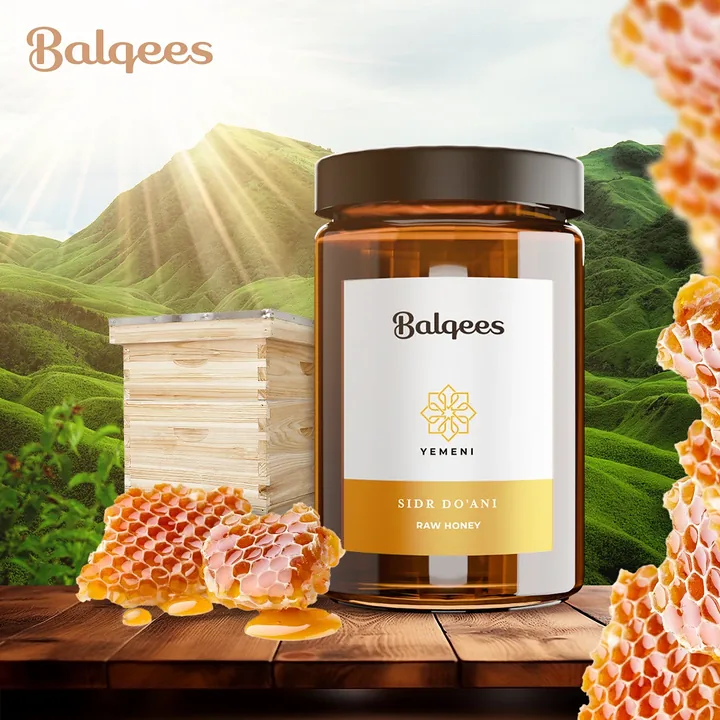 Balqees Sidr honey jar with wooden beehive, honeycomb and green mountains, square social media post