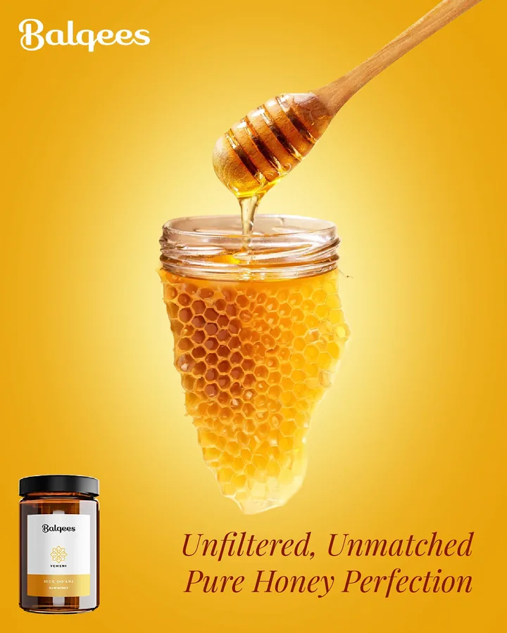 Balqees honey post: Unfiltered, Unmatched, Pure Honey Perfection, with honey dipper and honeycomb