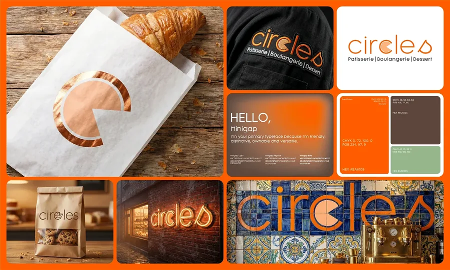 Circles brand identity board with logo, colour palette, Minigap typeface and applications