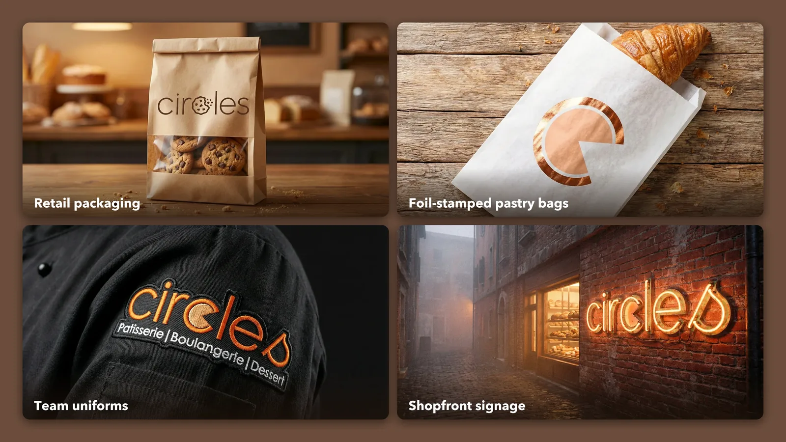 Circles brand touchpoints: kraft cookie bag, copper-foil pastry bag, embroidered chef uniform and neon shopfront sign