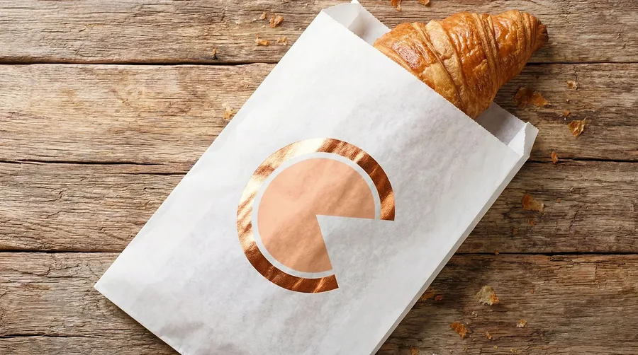 Croissant in a white pastry bag with the Circles bitten-circle mark in copper foil