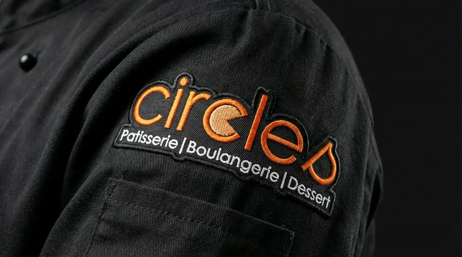 Embroidered Circles logo patch on a black chef jacket sleeve