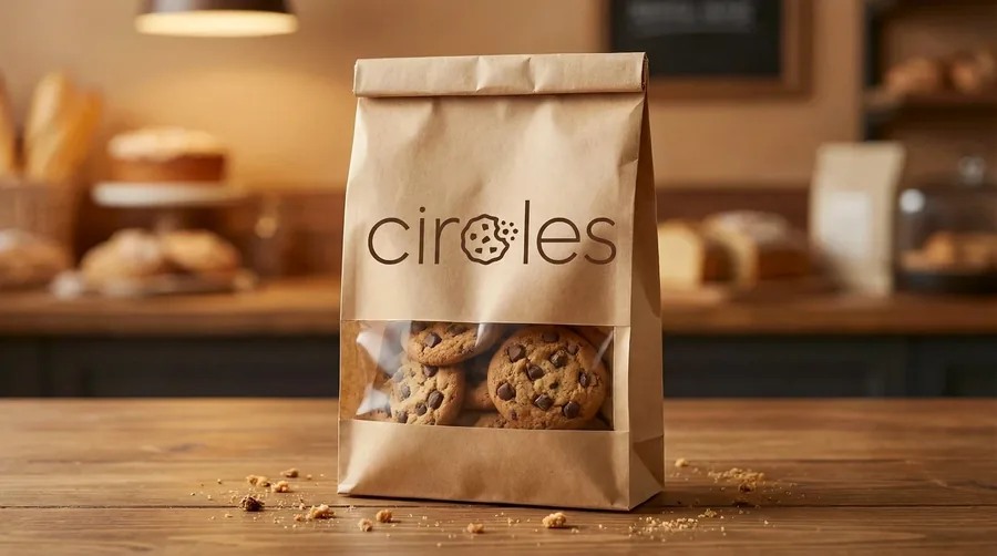 Kraft paper cookie bag with a window and the Circles cookie wordmark