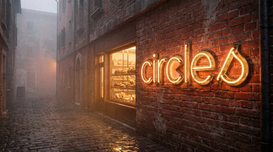 Circles neon sign on a brick shopfront beside a bakery window at dusk