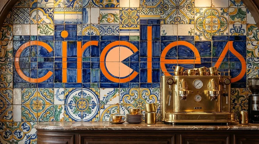 Circles logo set in an orange and blue tile mural behind a gold espresso machine