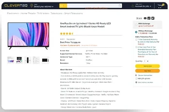 CleverTEQ product detail page design for a smart TV with price and buy box