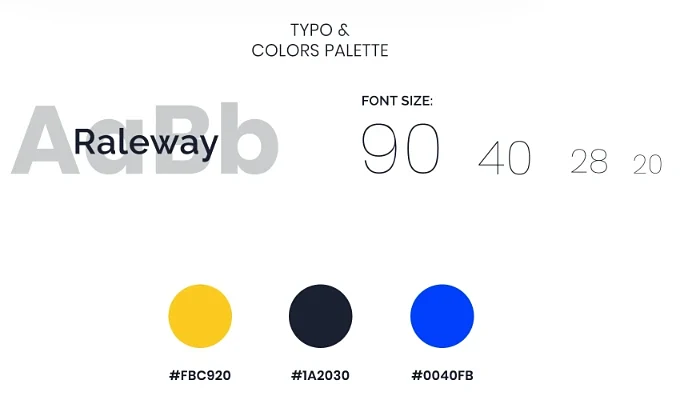 CleverTEQ design system: Raleway typography, font sizes and yellow FBC920, navy 1A2030 and blue 0040FB colours