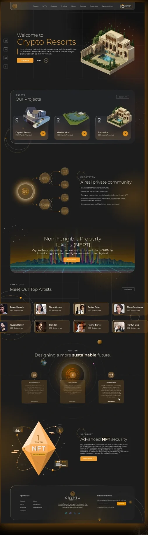 Crypto Resorts NFT homepage desktop design with resort projects, ecosystem and artist sections
