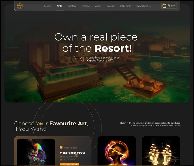 Crypto Resorts NFT marketplace page: Own a real piece of the Resort, choose your favourite art