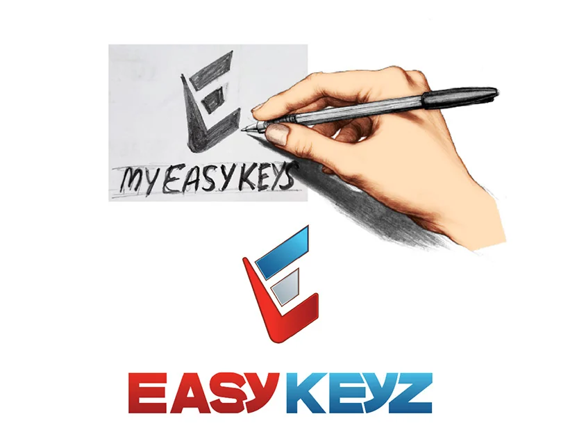 Illustrated hand drawing the MyEasyKeys pencil sketch above the finished EasyKeyz logo
