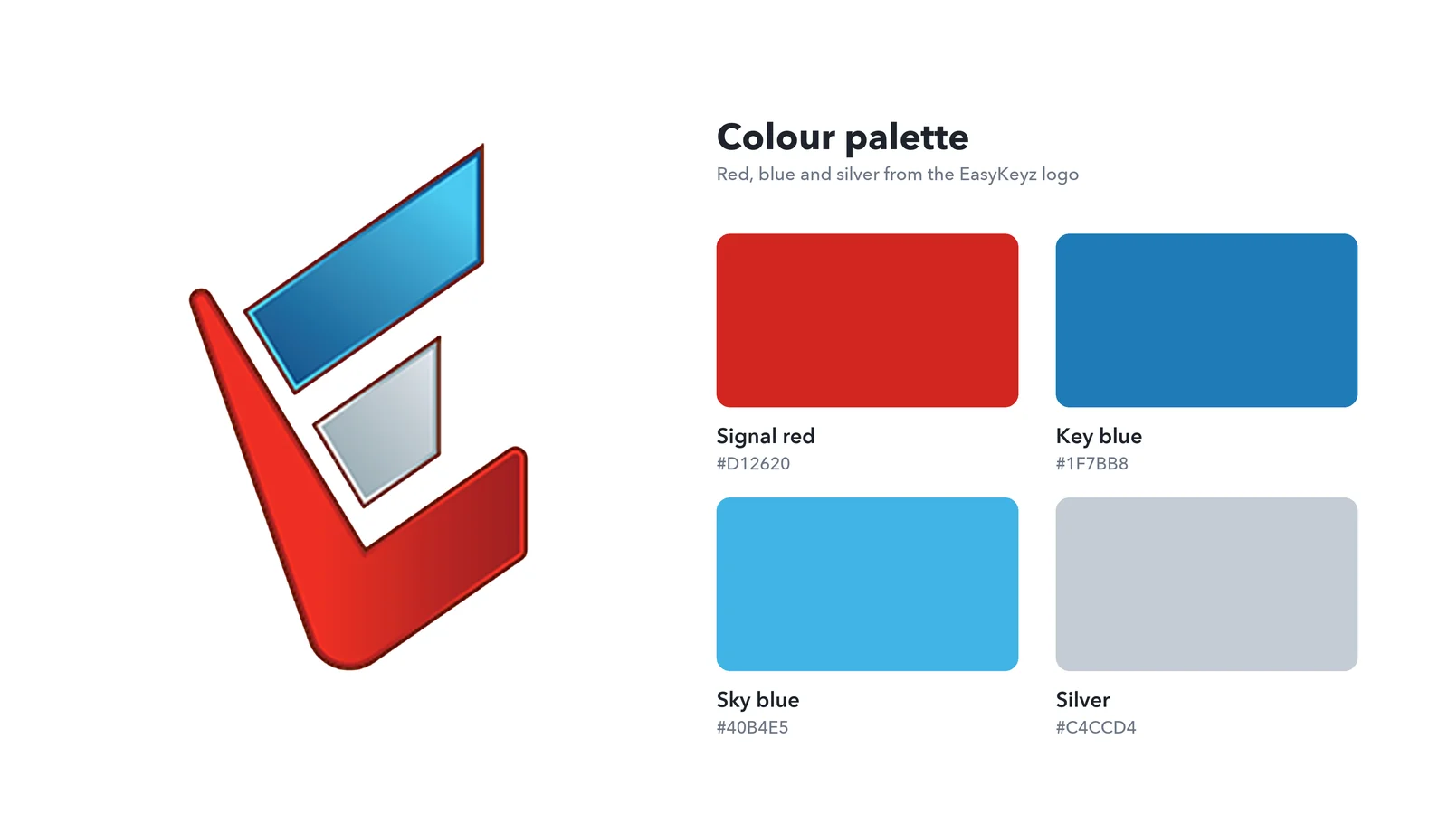 EasyKeyz check-mark E logo mark with its colour palette of signal red, key blue, sky blue and silver