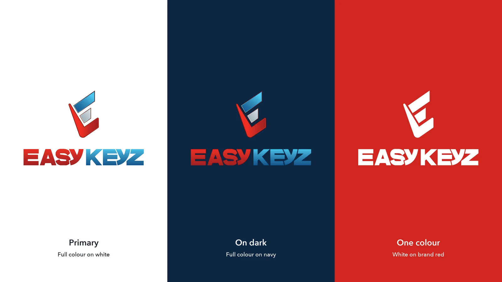 EasyKeyz logo variations: full colour on white, full colour on navy and one-colour white on brand red