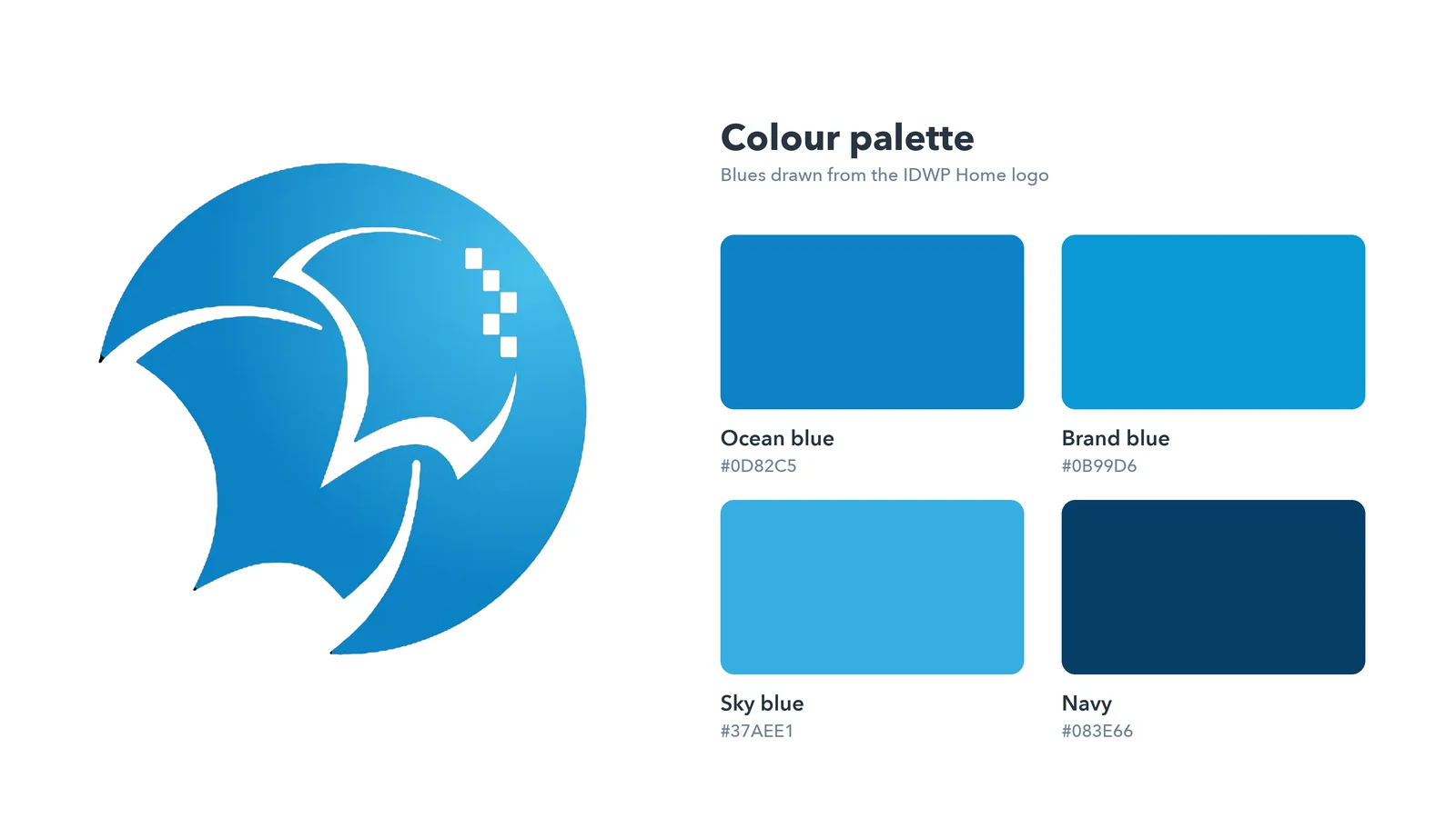 IDWP Home logo mark with its colour palette of ocean blue, brand blue, sky blue and navy