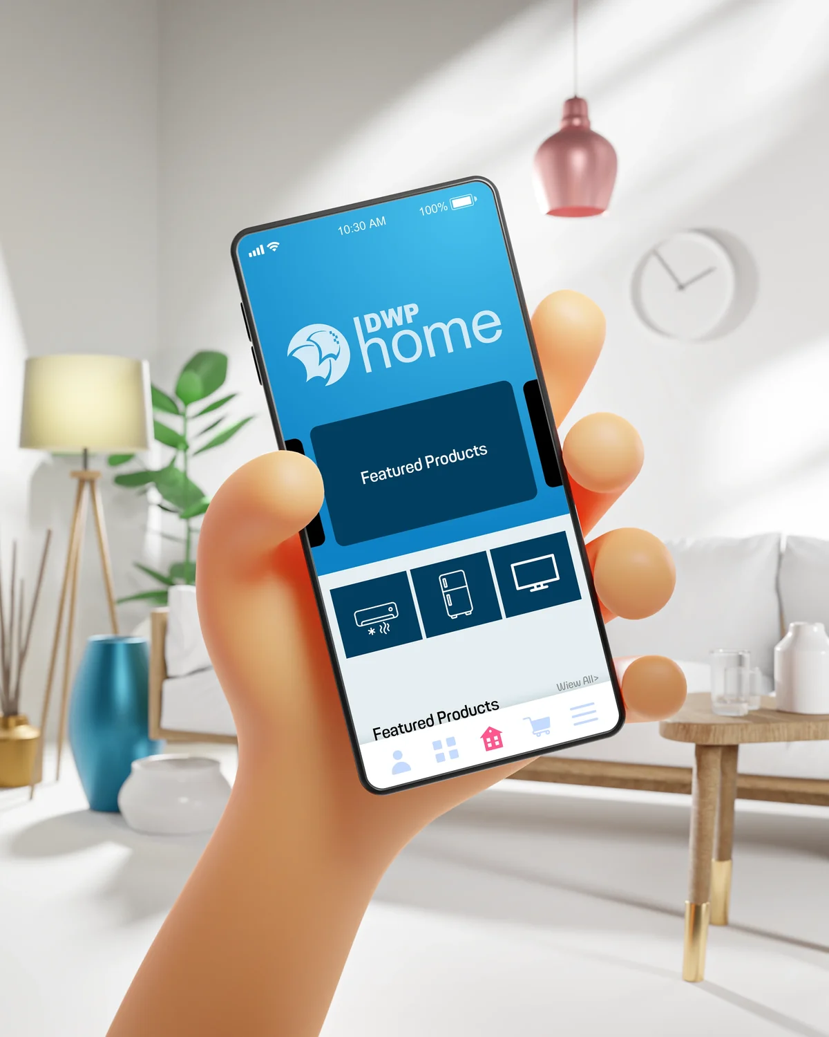 IDWP Home logo in white on the blue home screen of a mobile app held in a hand, in a bright living room