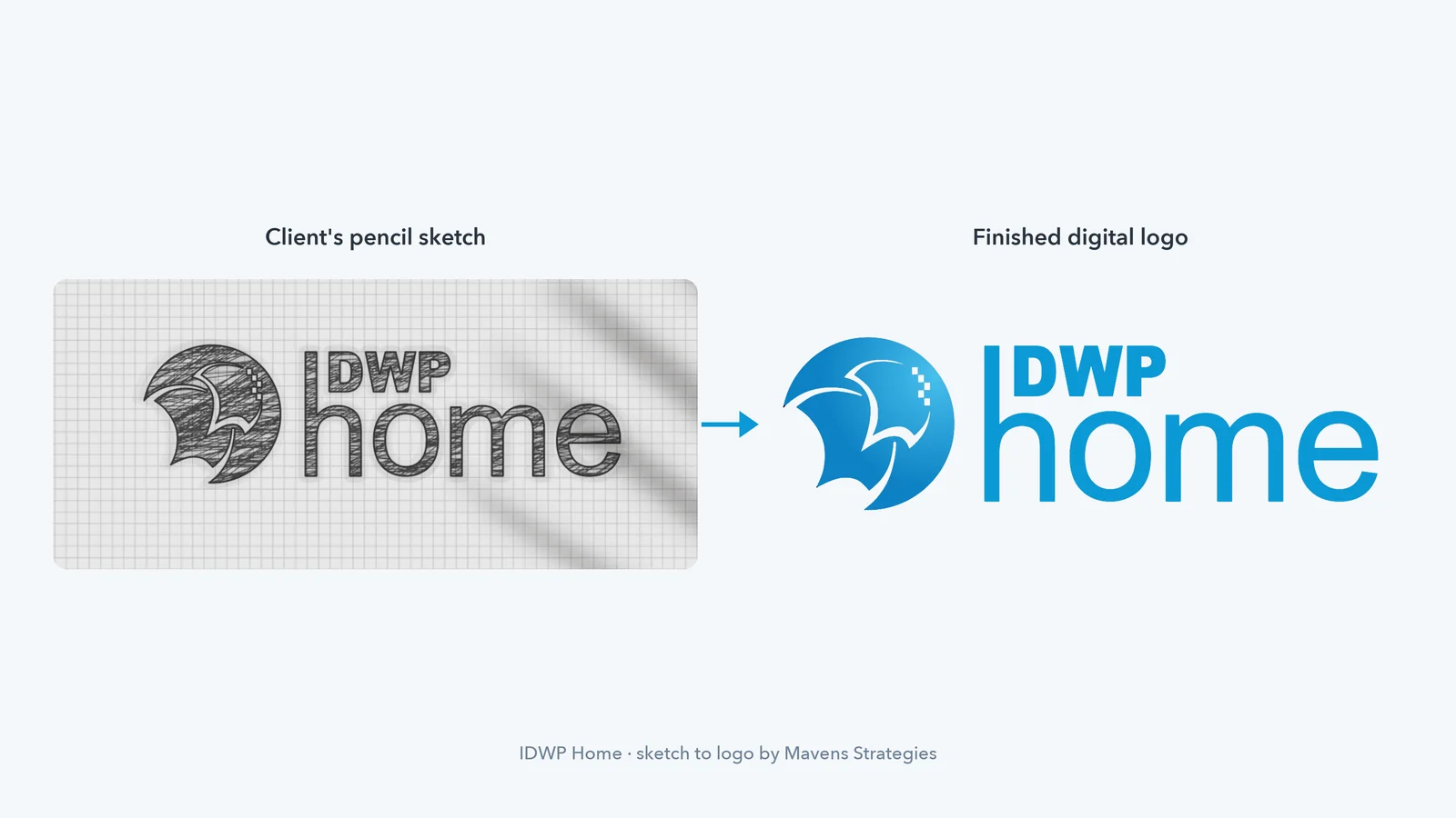 IDWP Home logo process: the client's hand-drawn pencil sketch on grid paper beside the finished blue digital logo