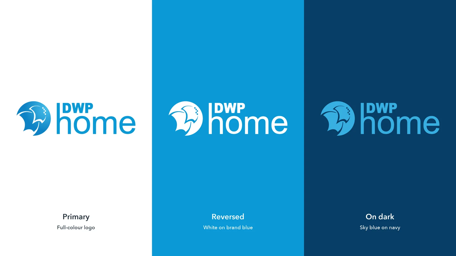 IDWP Home logo variations: full-colour on white, white reversed on brand blue and sky blue on navy