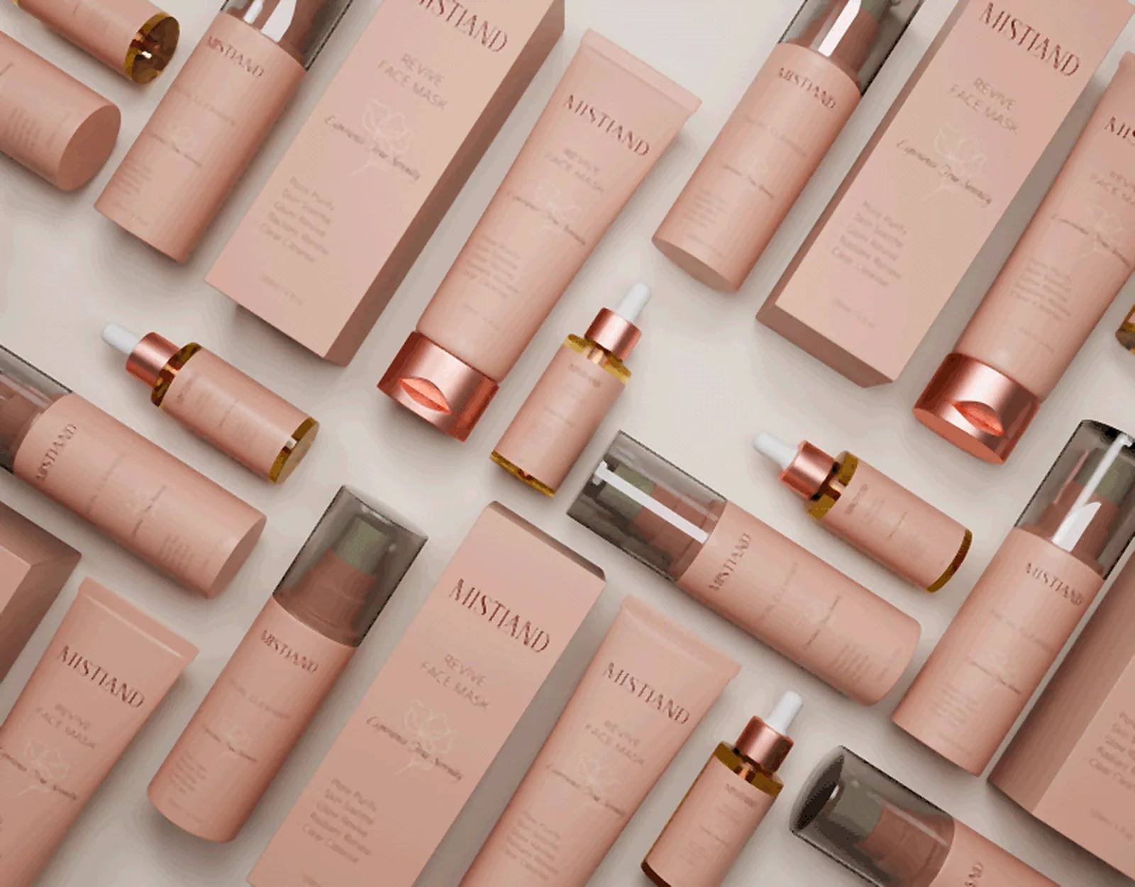 Mistland skincare 3D flat lay: rows of blush pink face mask cartons, tubes, cleansers and dropper bottles with rose-gold caps
