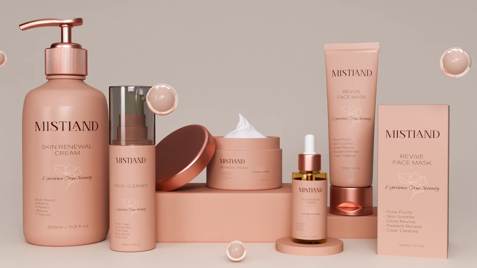 Mistland skincare 3D product showcase: rose-gold pump bottle, facial cleanser, retinoid cream jar, serum dropper, face mask tube and box