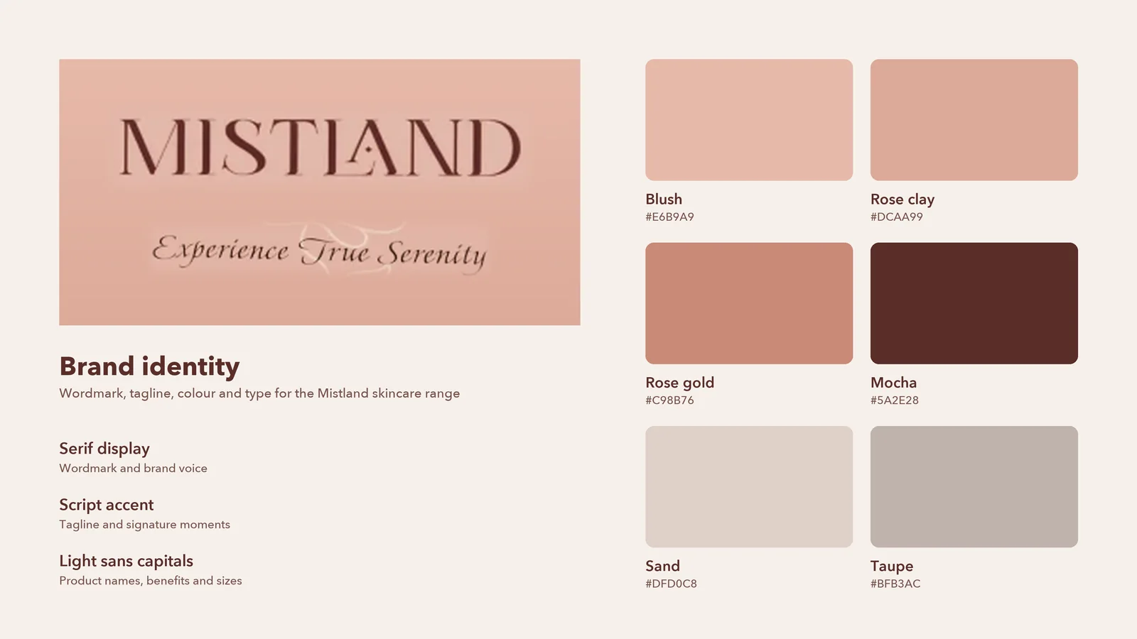Mistland skincare brand identity board with serif wordmark, script tagline, blush and rose-gold colour palette and typography