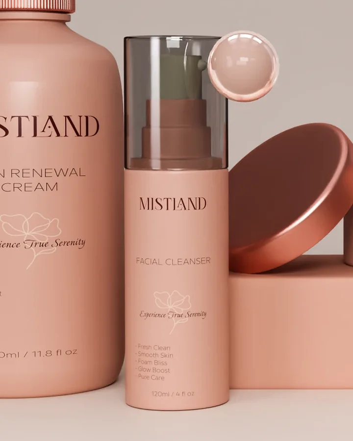 Mistland Facial Cleanser 120ml airless bottle with clear cap and Experience True Serenity label