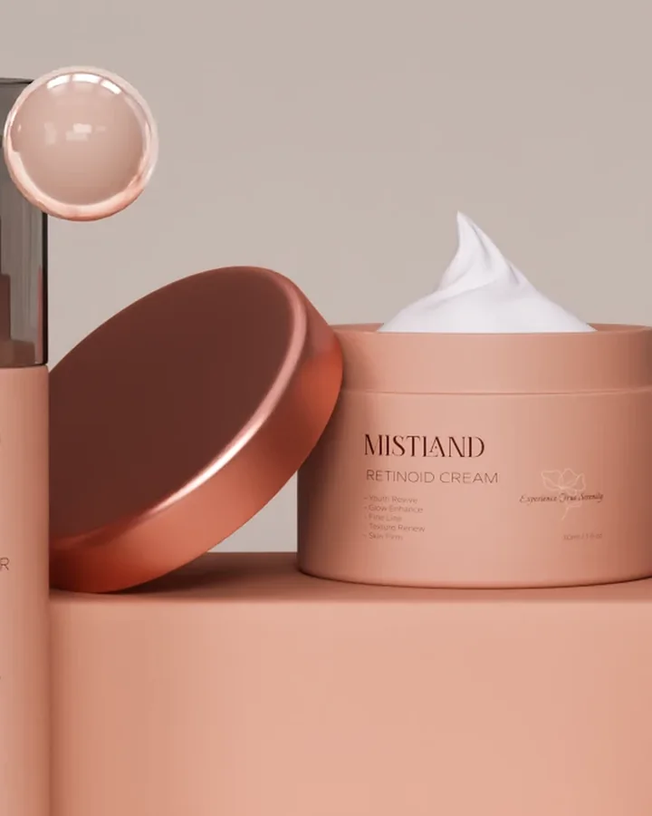 Mistland Retinoid Cream jar with open rose-gold lid and whipped cream texture, 3D render