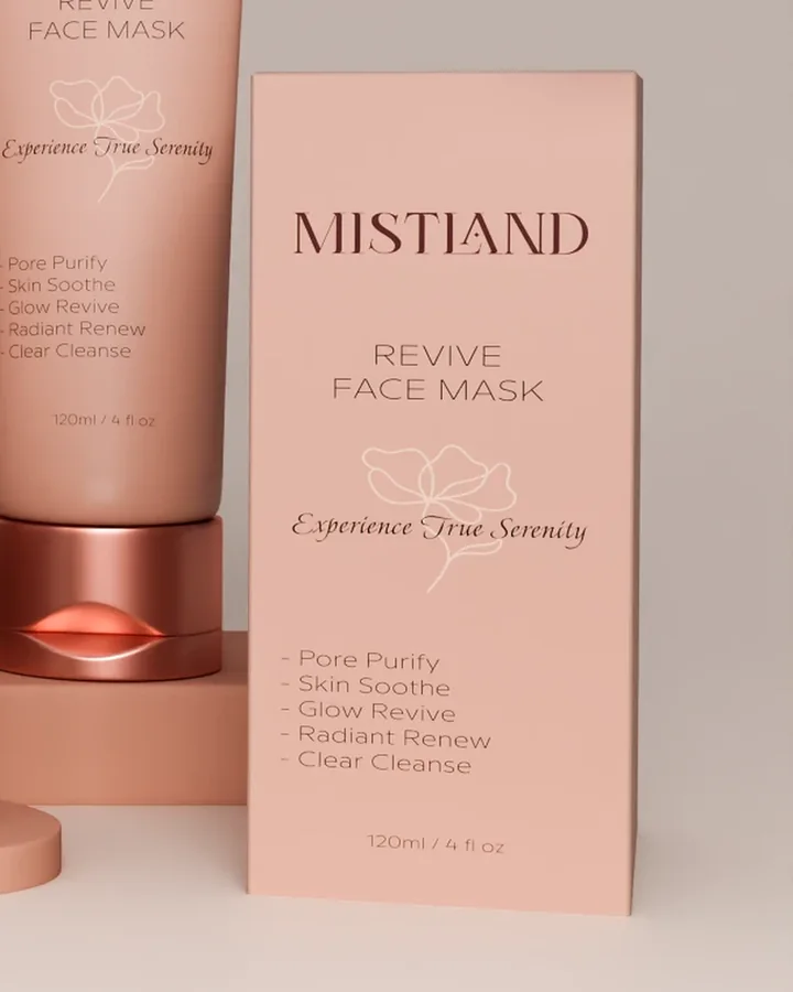 Mistland Revive Face Mask folding carton packaging with serif wordmark and floral line illustration