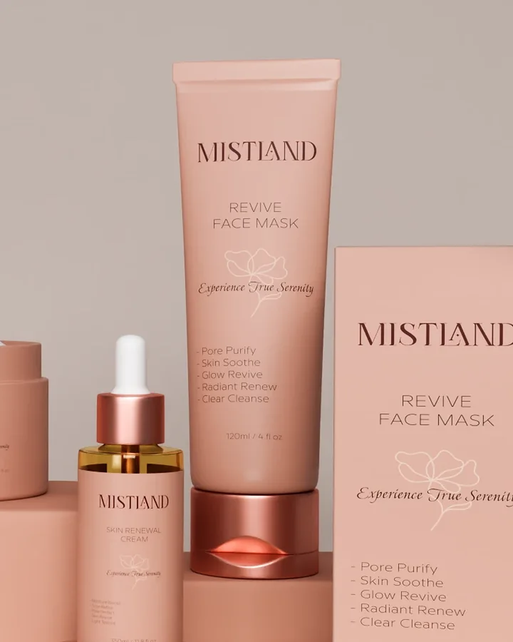 Mistland Revive Face Mask 120ml squeeze tube with rose-gold cap and benefits list label