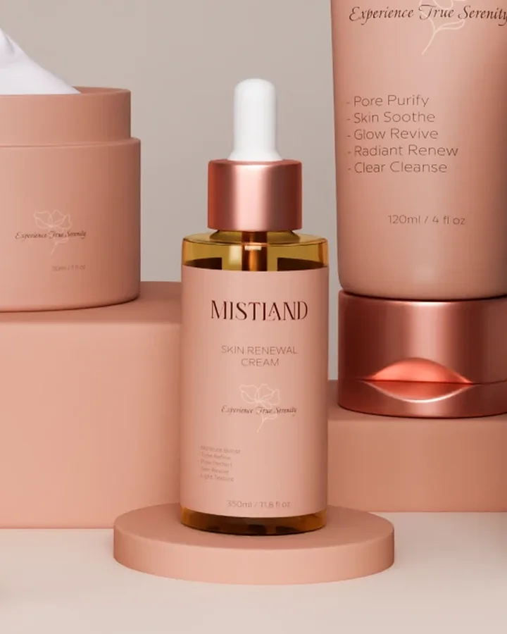 Mistland amber glass serum dropper bottle with rose-gold collar and blush label