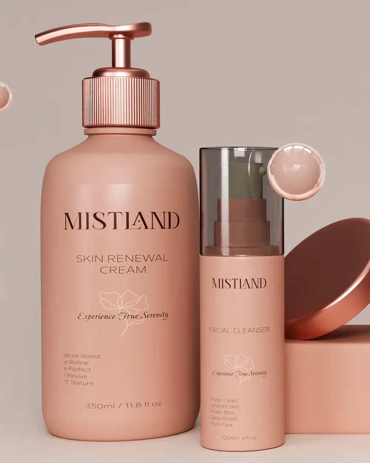 Mistland Skin Renewal Cream 350ml pump bottle with rose-gold pump and floral label design