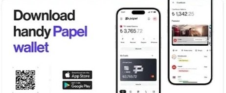 Download the Papel wallet app section with App Store and Google Play