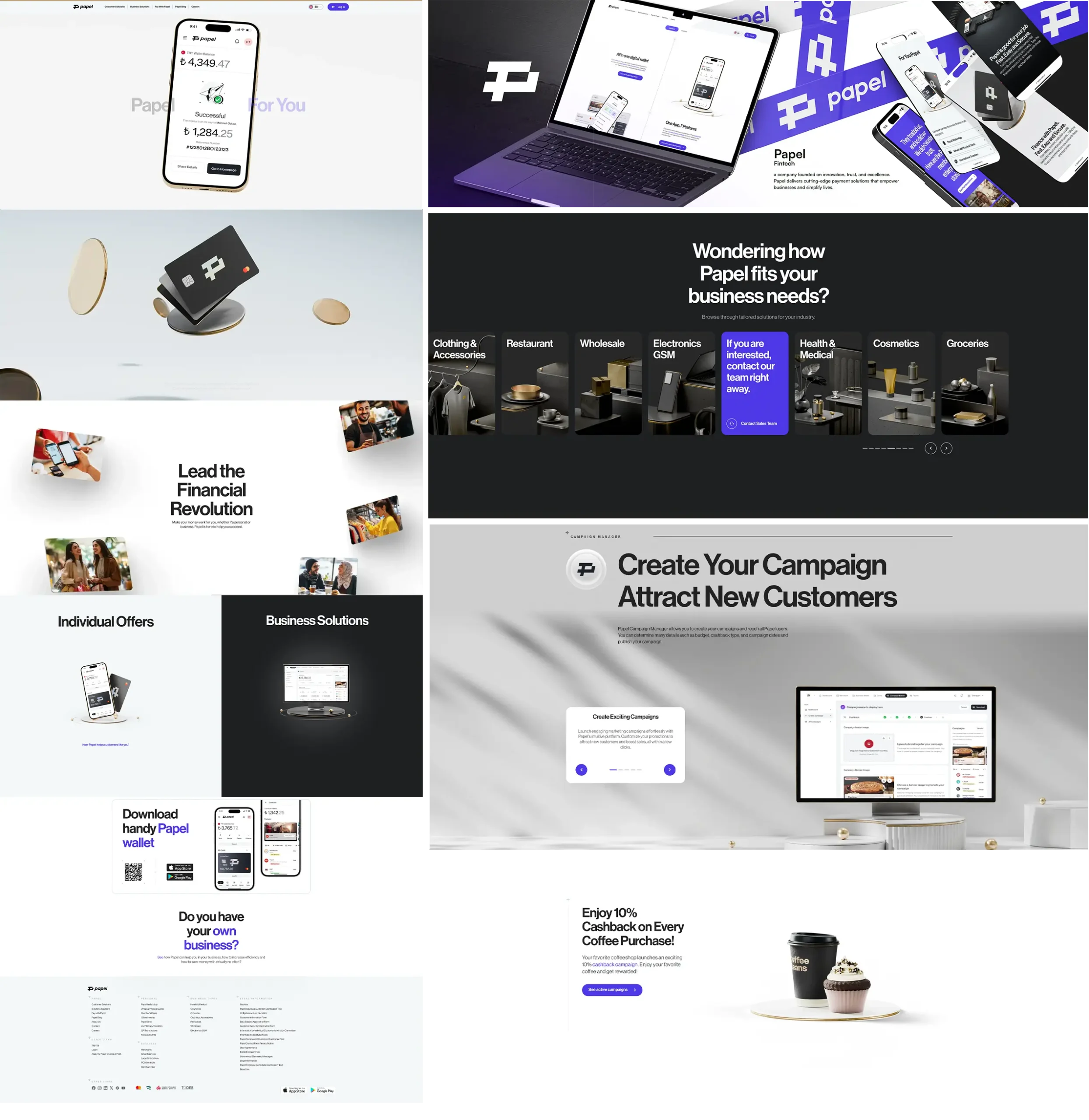 Papel fintech website full design board