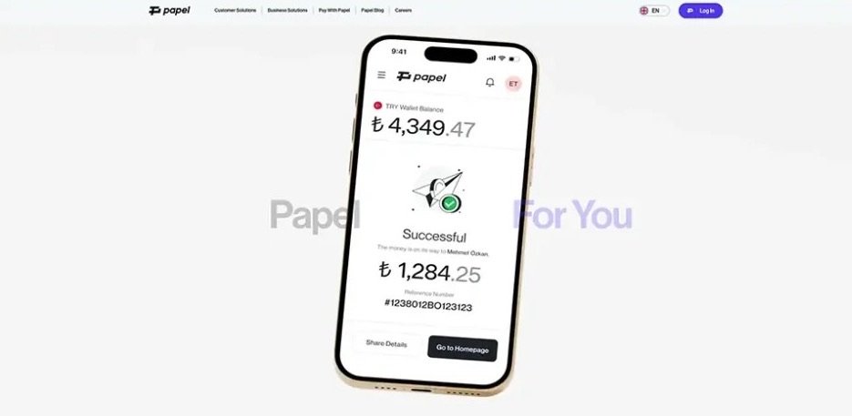 Papel fintech website homepage hero with mobile wallet balance and money transfer screen