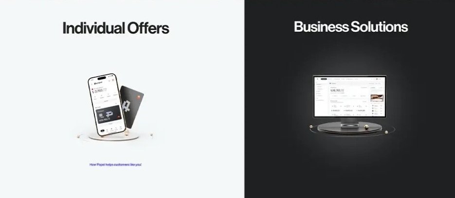 Papel website UI/UX: individual offers and business solutions sections