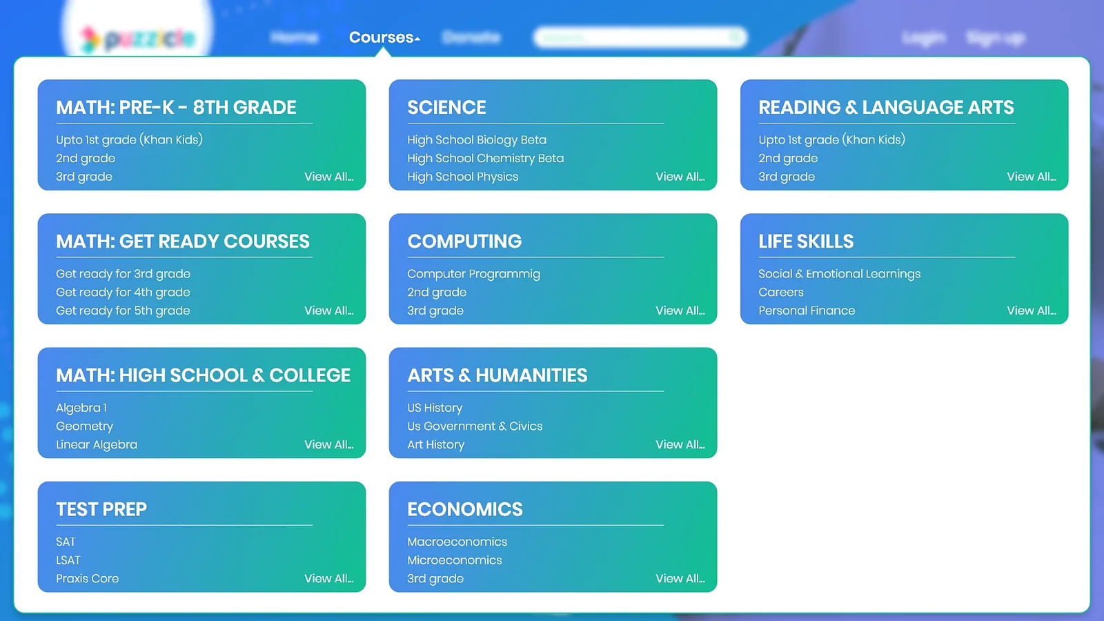 Puzzicle courses mega menu listing Math, Science, Reading, Computing, Life Skills, Arts, Test Prep and Economics
