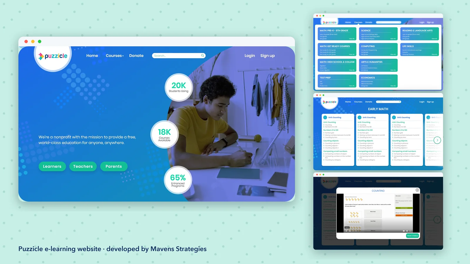 Puzzicle nonprofit e-learning website screens: homepage, courses mega menu, Early Math course page and lesson video modal