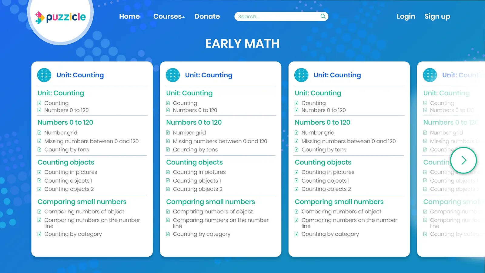 Puzzicle Early Math course page with unit cards for counting, numbers 0 to 120 and comparing numbers