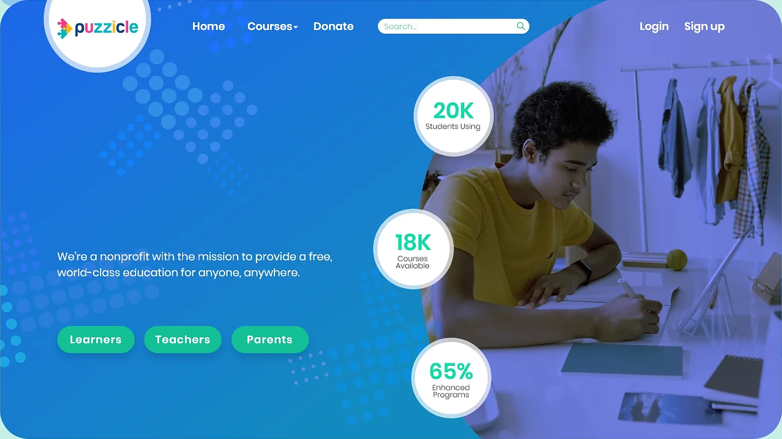 Puzzicle homepage with nonprofit mission statement, Learners, Teachers and Parents buttons and student statistics