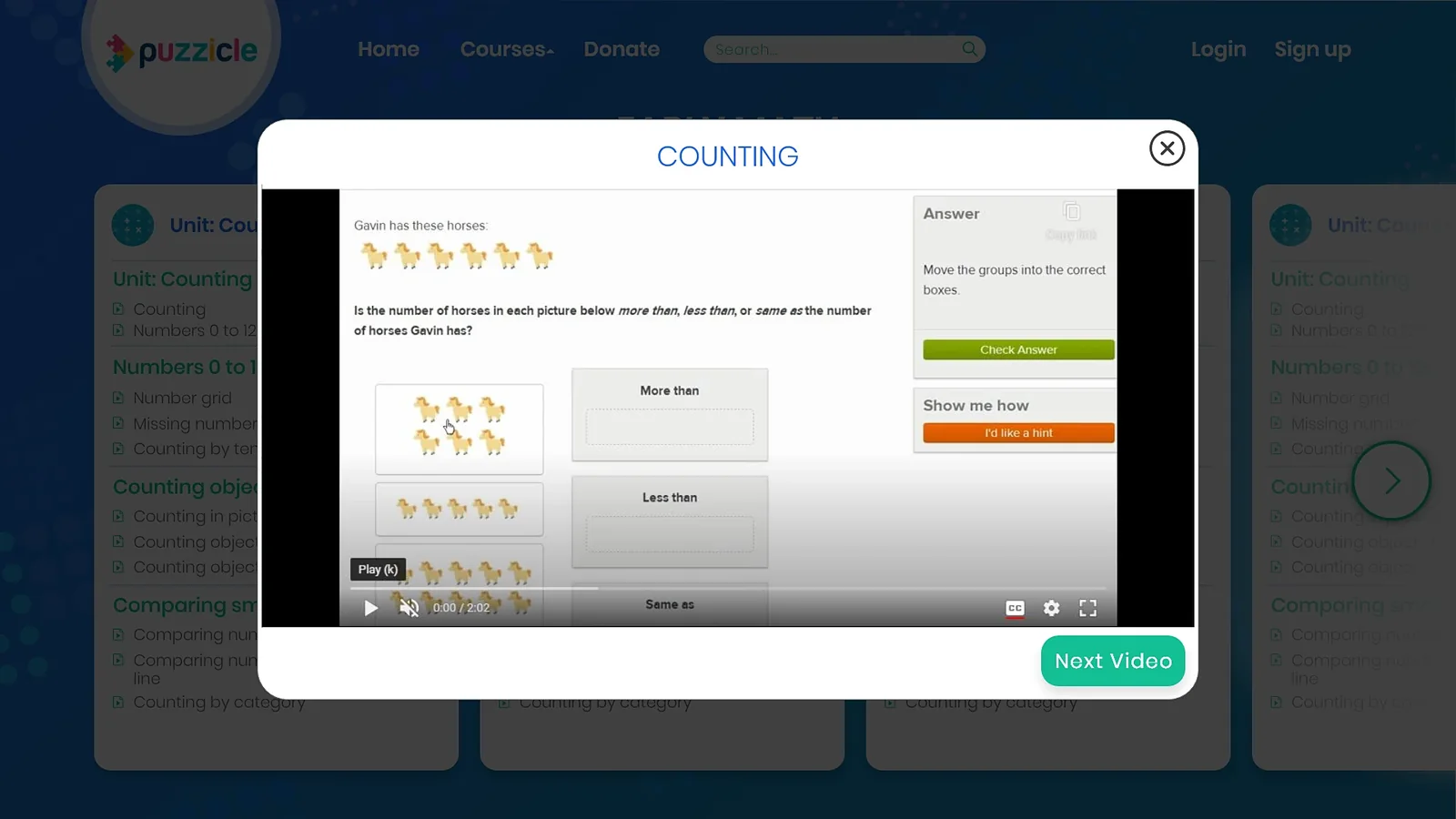 Puzzicle lesson video modal playing a Counting exercise with a Next Video button