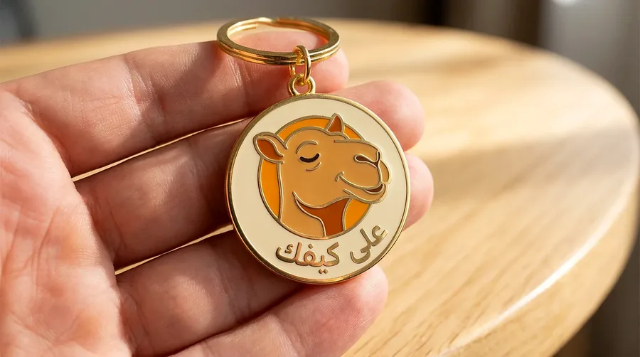 Ala Kaifak camel enamel keychain with Arabic calligraphy