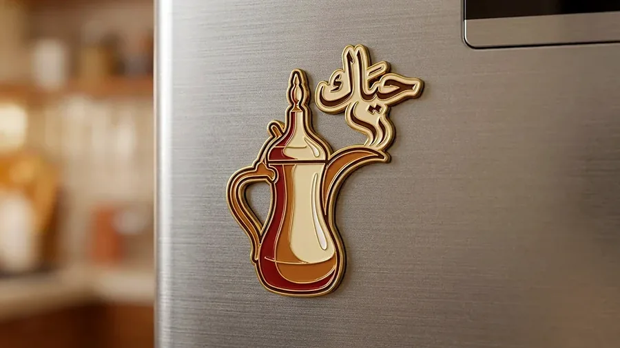 Dallah Arabic coffee pot enamel magnet with Hayyak welcome calligraphy