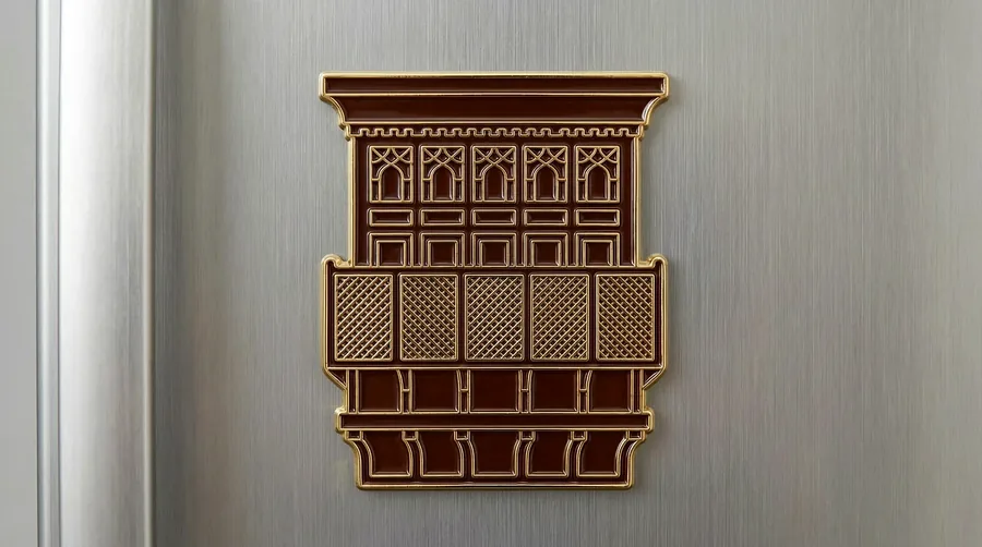 Hijazi roshan wooden balcony enamel magnet with gold lattice detail