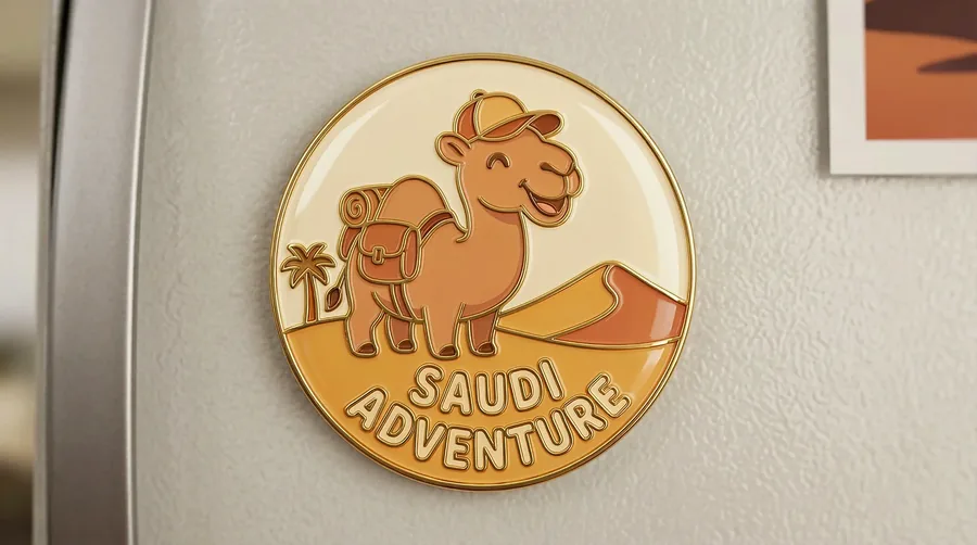 Saudi Adventure camel enamel magnet with desert dunes and a palm tree